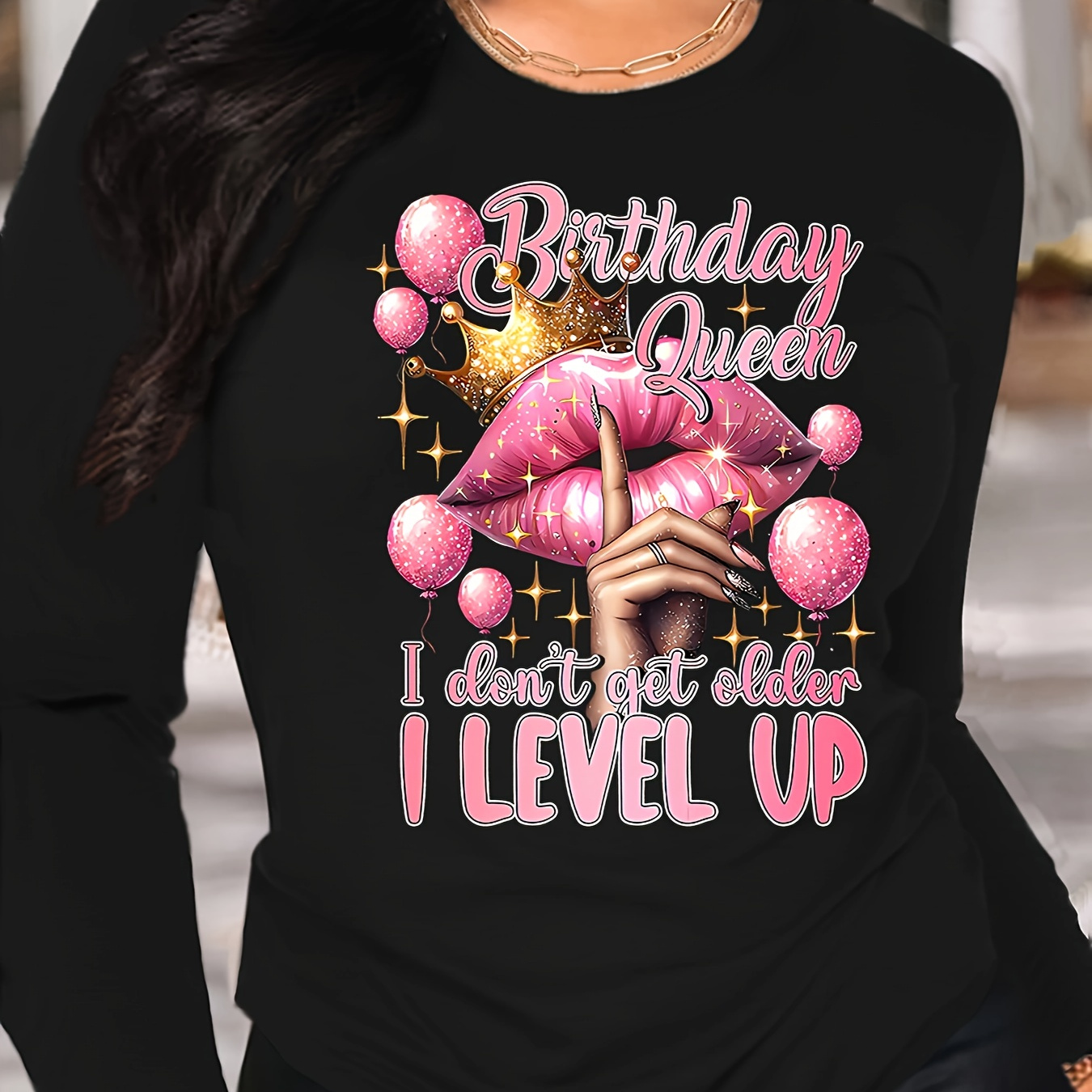 

Birthday Queen Graphic Tee For Women - Casual Polyester Crew Neck T-shirt With Crown & Balloon Print, Medium Stretch Knit Fabric For All