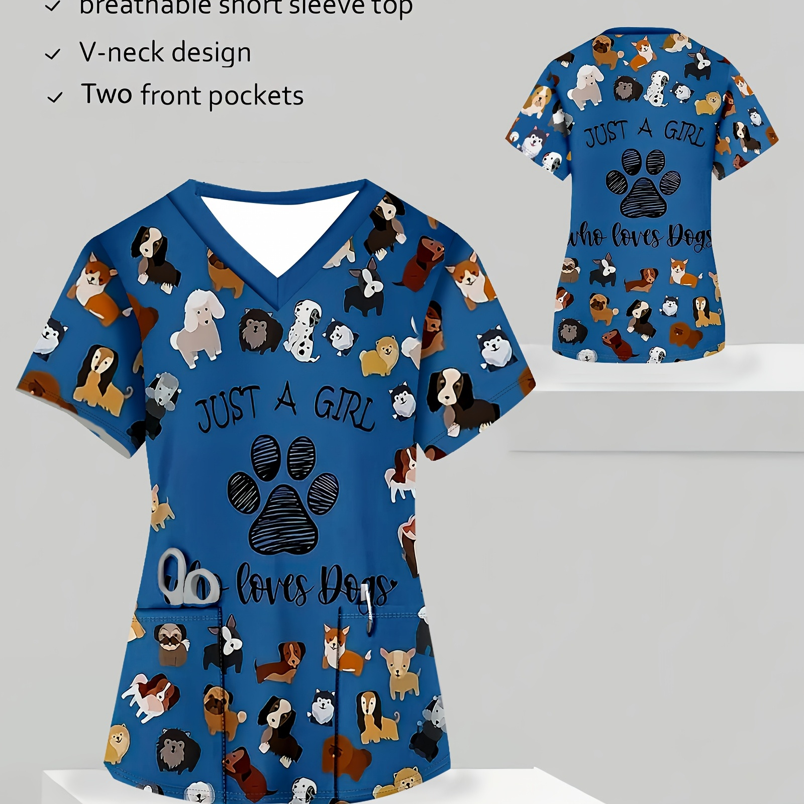 

Plus Size Women's V-neck Scrub Top With Cute Dog Print, Short Sleeves & Functional Patch Pockets - Breathable Polyester, " Who " Design For Uniform