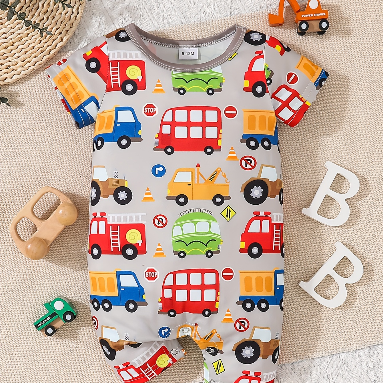 

Infant's Colorful Cartoon Bus Pattern Bodysuit, Casual Short Sleeve Onesie, Baby Boy's Clothing