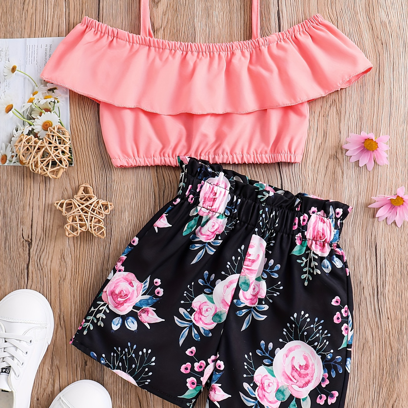 

2pcs Toddler Girls Ruffle Trim Cold Shoulder Crop Top & Flowers Graphic Shorts Set Kids Summer Clothes Gift