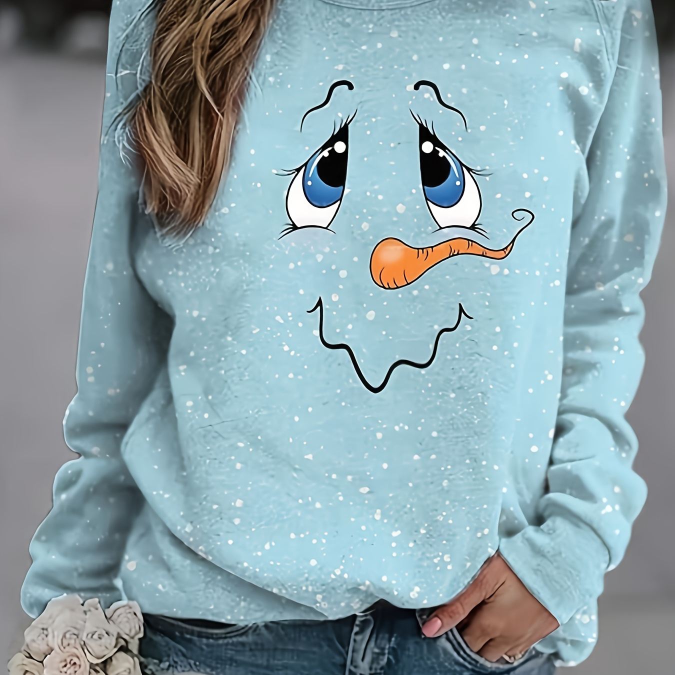 

Christmas Snowman Print Pullover Sweatshirt, Casual Raglan Sleeve Crew Neck Sweatshirt For Fall & Winter, Women's Clothing