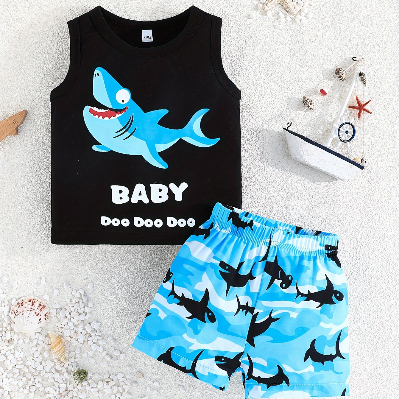 

2pcs Baby Boys Summer Outfit Set, Sleeveless Cartoon Printed Tank Top With Matching Shorts, Cute Casual Set
