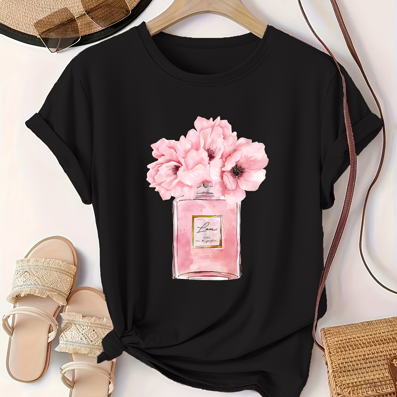 

Perfume Print T-shirt, Short Sleeve Crew Neck Casual Top For Summer & Spring, Women's Clothing