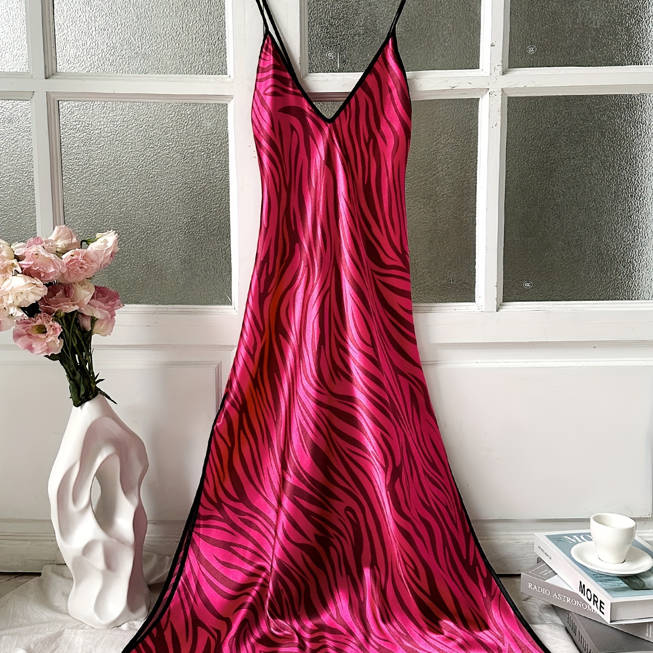 

Sexy Zebra Print Satin Nightgown, V Neck Backless Cross Strappy Midi Slip Dress, Women's Sleepwear