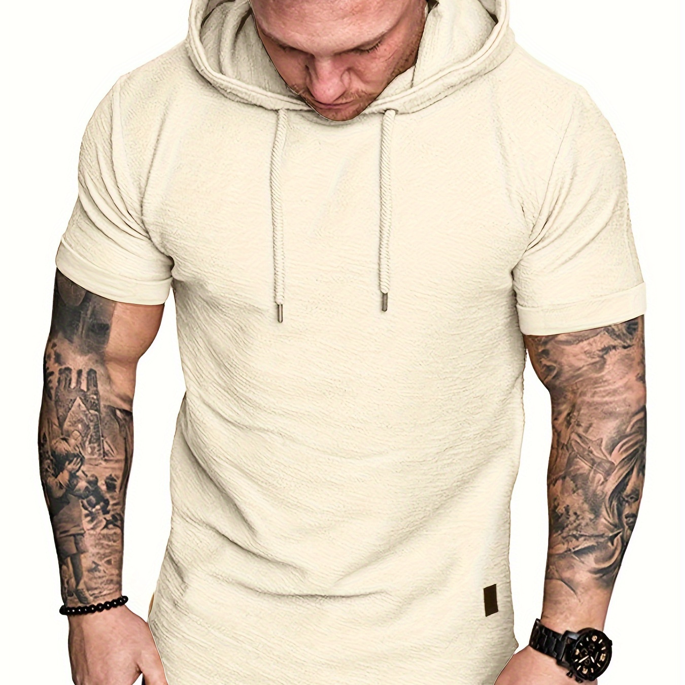 

Men's Breathable Slubby Hooded T-shirts, Short Sleeve Solid Hoodie Pullover Shirt