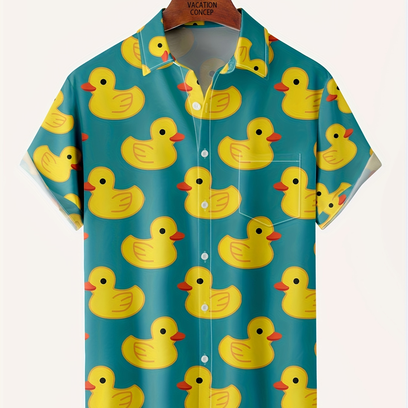 

Duck Pattern Hawaiian Shirt, Men's Casual Allover Print Chest Pocket Button Up Short Sleeve Shirt