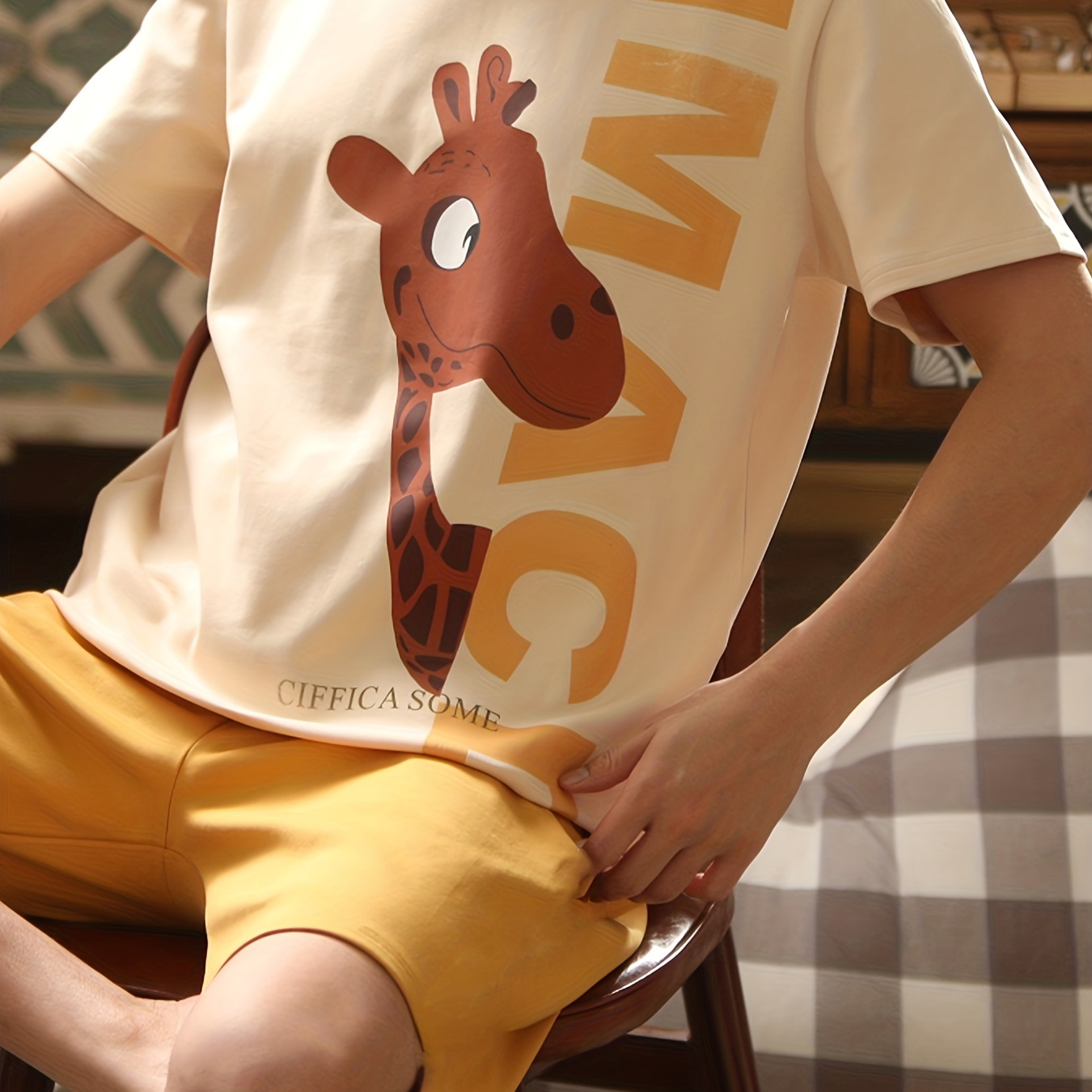 

Men's Fashion Cartoon Giraffe Print Pajamas Set, Male Thin Short Sleeve Crew Neck T-shirt Top Graphic Tees & Shorts, Casual Teens Men's Loungewear Set For Summer