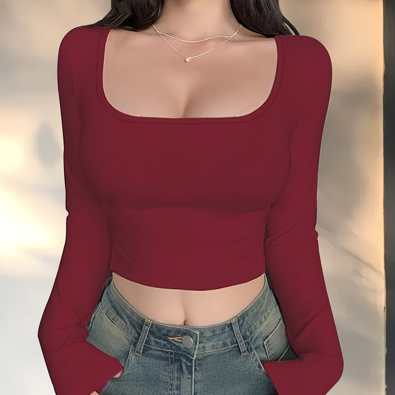 

Solid Color Square Neck T-shirt, Sexy Slim-fit Crop Long Sleeve Top For Spring & Fall, Women's Clothing