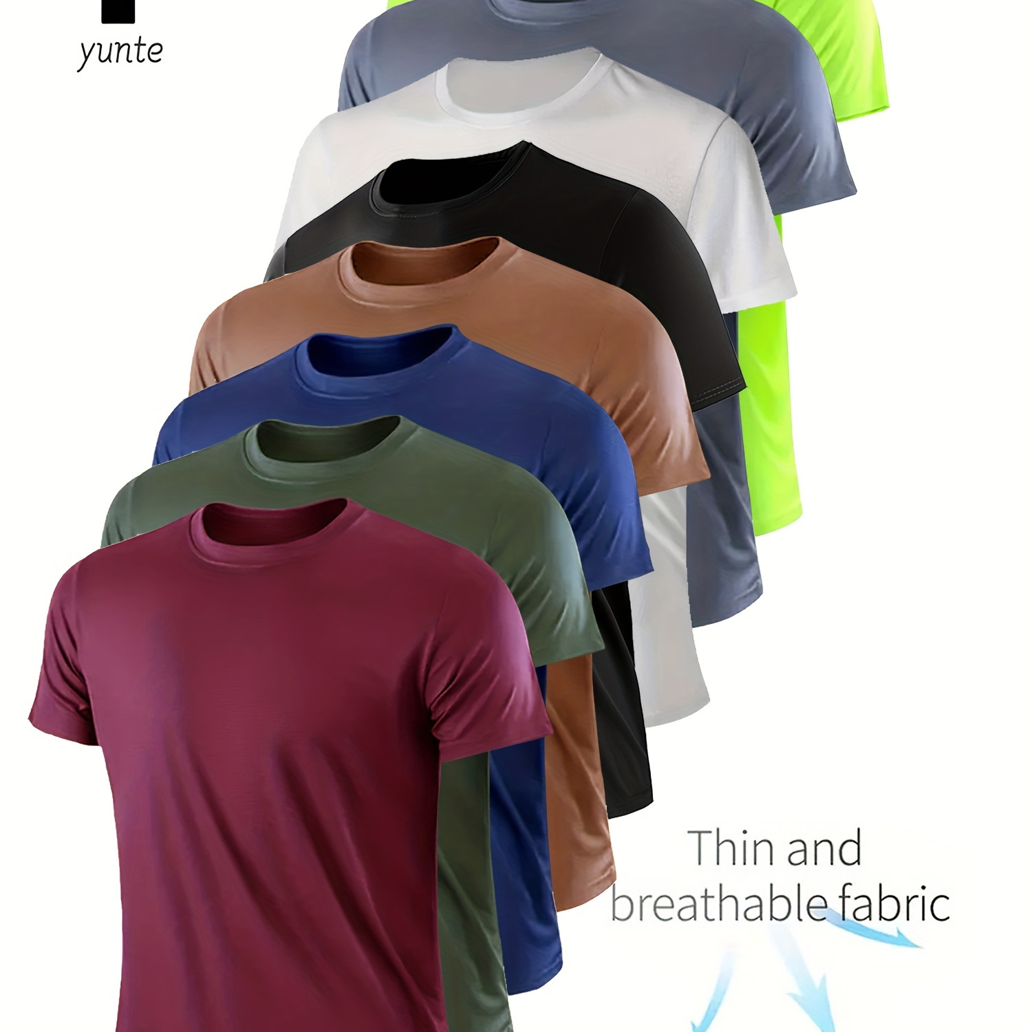 

8-pack Men' T-shirts, Quick-dry, Breathable, Moisture-wicking Crew Neck Tops, Solid Color Polyester Knit Fabric, Regular Fit For Running, Gym, Fitness - Spring/summer/fall Collection, Sweat-resistant