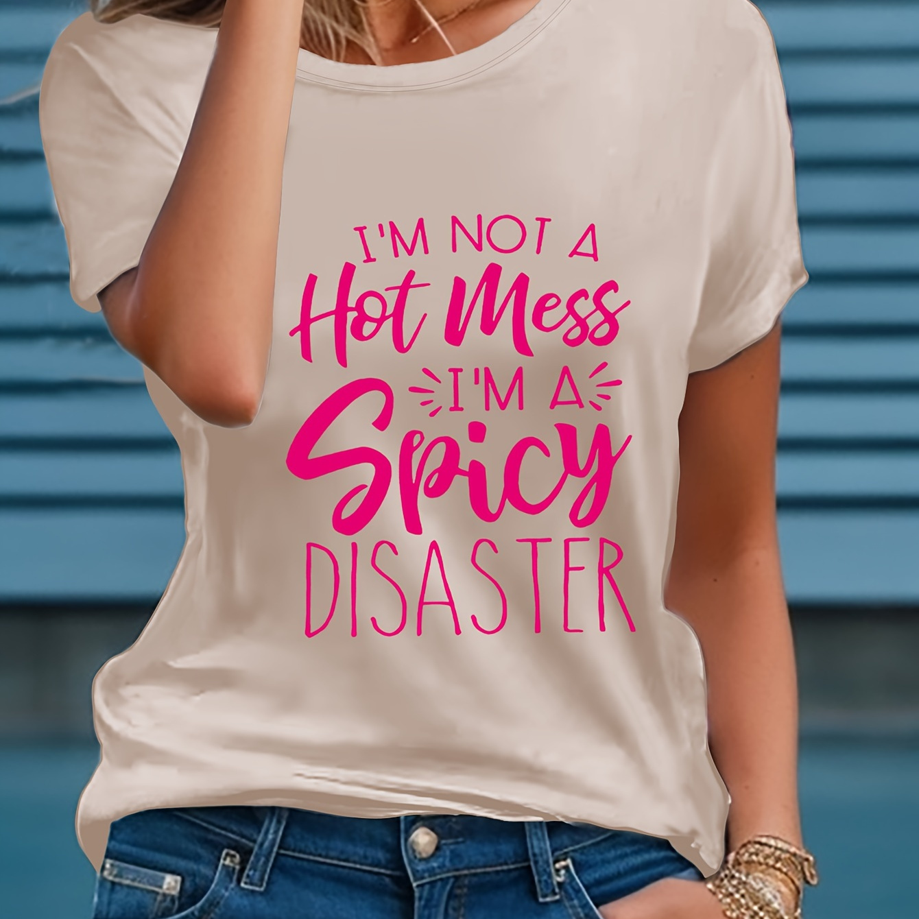 

Spicy Disaster Letter Print T-shirt, Short Sleeve Crew Neck Casual Top For Summer & Spring, Women's Clothing