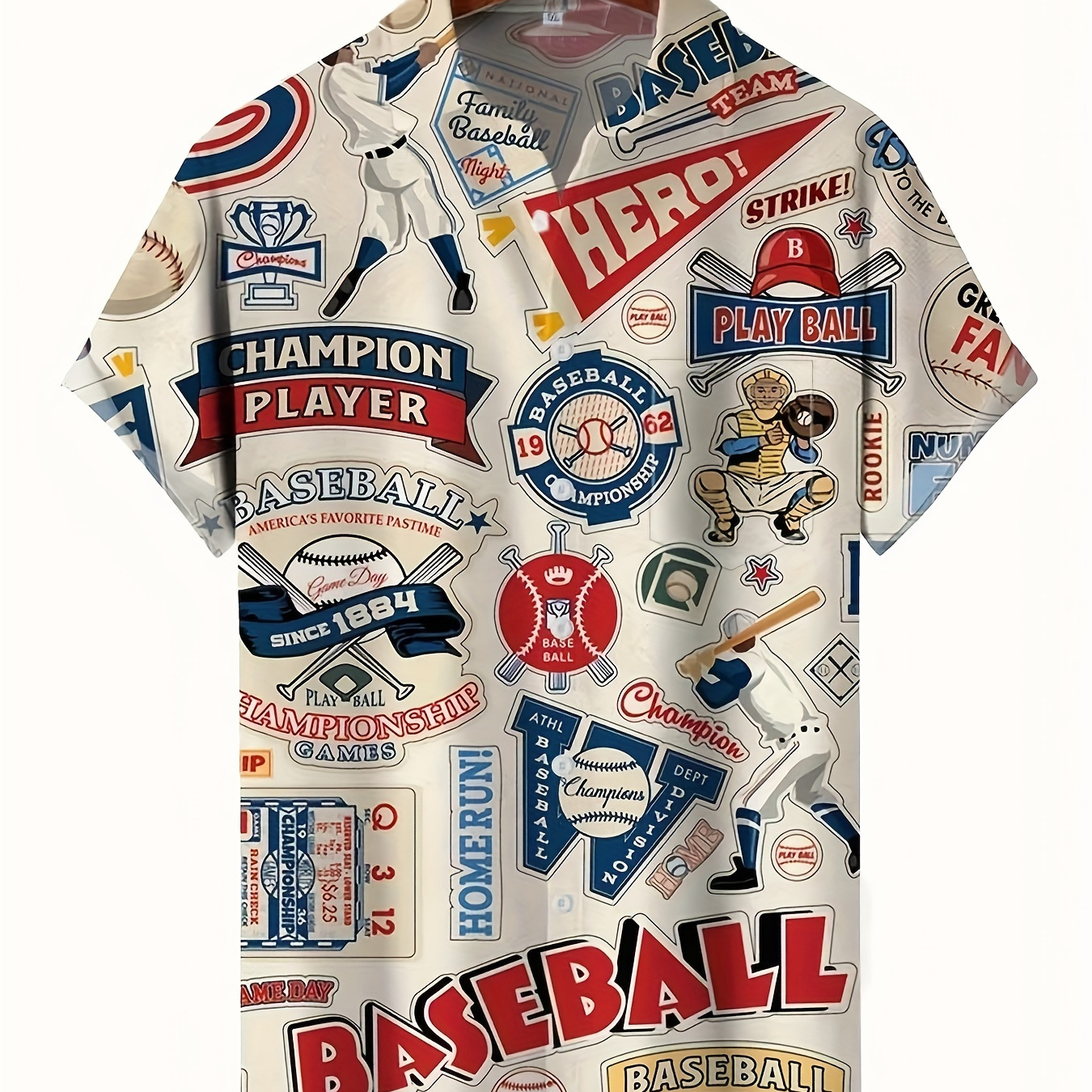 

Vintage Baseball Themed Comic And Letter Pattern Men's Short Sleeve Button Down Shirt With Chest Pocket, Summer Holiday Top For Men