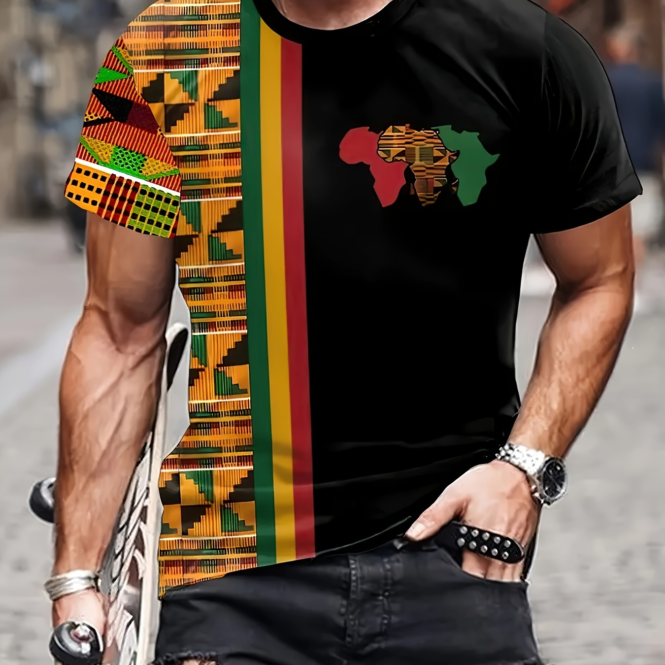

Men's African Ethnic Style Geometric Graphic Pattern Crew Neck Short Sleeve T-shirt, Tees For Men, Stylish And Trendy Tops For Summer Street And Holiday Wear