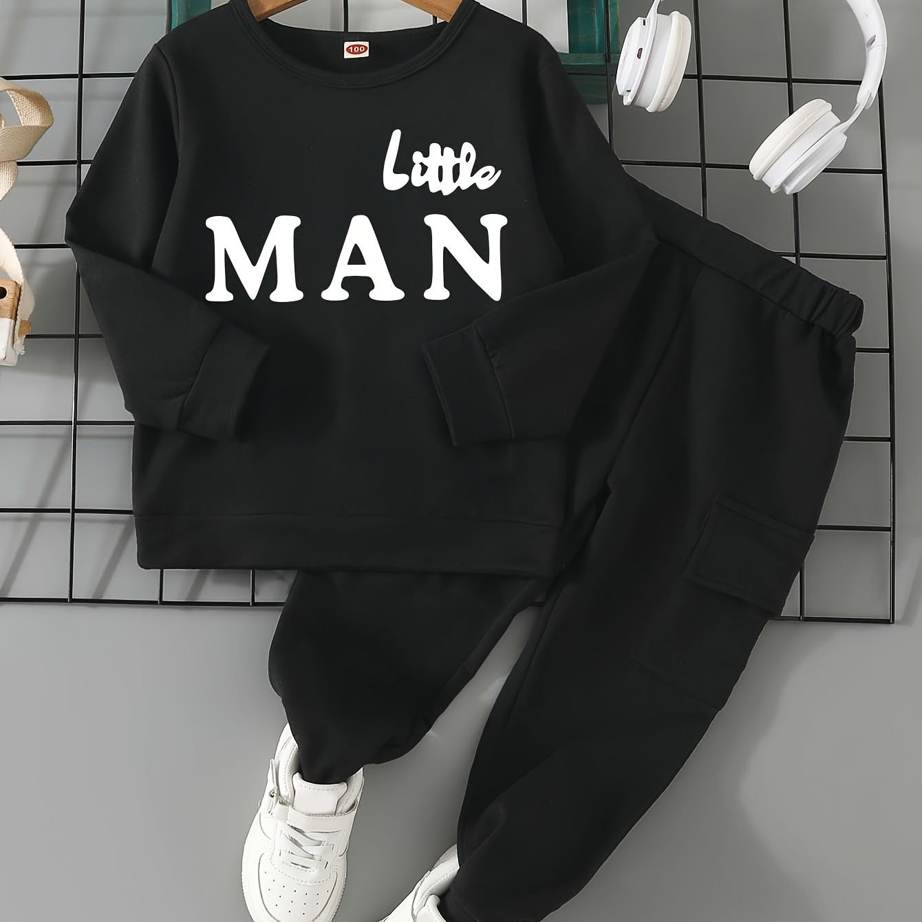 

2pcs "little Man" Print Crew Neck Outfit For Boys, Sweatshirt & Cargo Pants Set, Casual Long Sleeve Top, Kid's Clothes For Fall Winter, As Gift