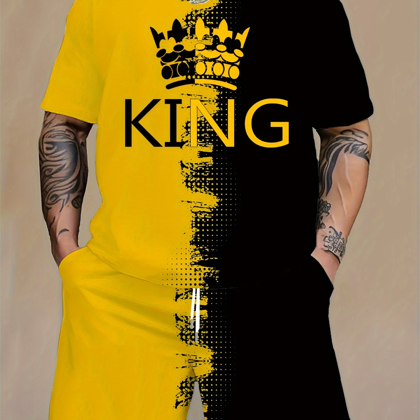 

Plus Size Men's "king" & Crown Graphic Print T-shirt & Shorts Set For Summer, Contrast Color 2pcs Outfits For Males