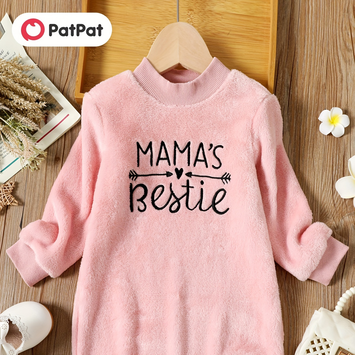 

Patpat Toddler Girl Casual Letter Embroidered Fleece Mock/crew Neck Long-sleeve Pink Sweatshirt Dress For Spring & Autumn/fall