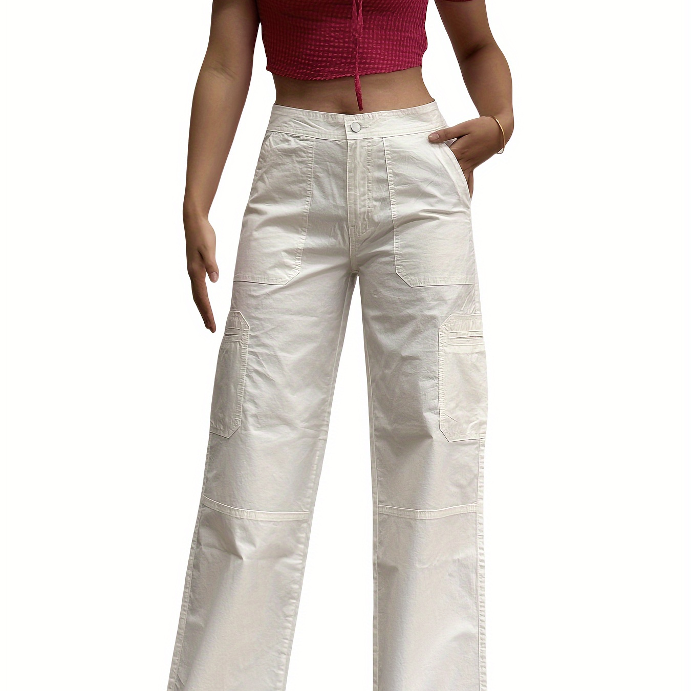 

Women's Stretchy Cargo Pants - Multi-pocket, Loose Wide Leg Design In Light Color | Ideal For All & Holiday Travel