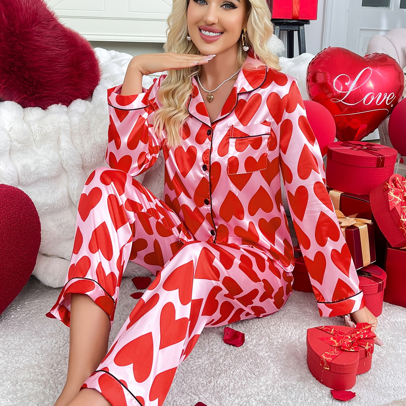 

Valentine's Day Red Heart Print Long Sleeve Pajama Two-piece Set For Women, Elegant Homewear For Autumn And Winter.