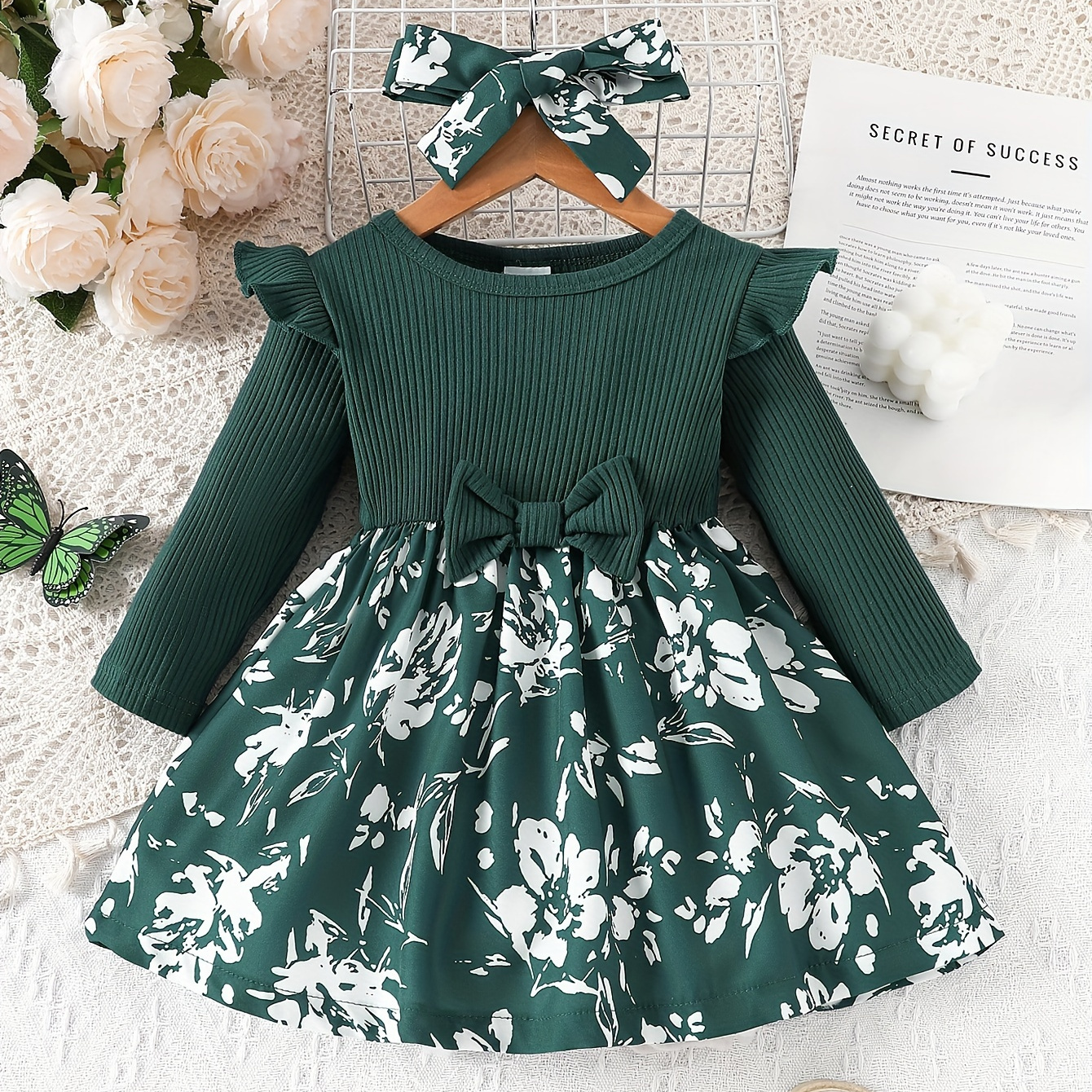 

Baby's Flower Pattern Splicing Ribbed Long Sleeve Dress, Infant & Toddler Girl's Dress For Daily Wear/holiday/party, As Gift