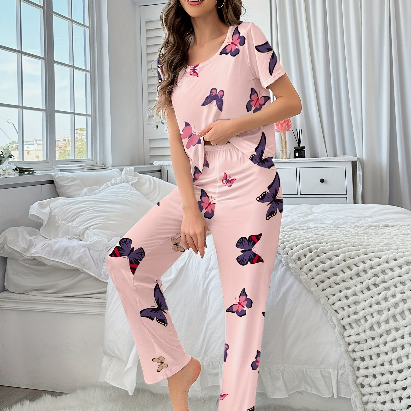 

Butterfly Print Pajama Set, Casual Short Sleeve Round Neck Top & Elastic Pants, Women's Sleepwear