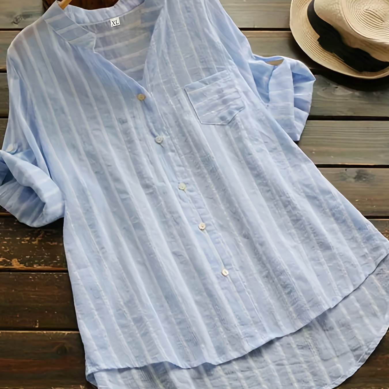 Plus Size Casual Blouse, Women's Plus Stripe Print Turn Down Collor Button Up Short Sleeve Blouse With Pocket