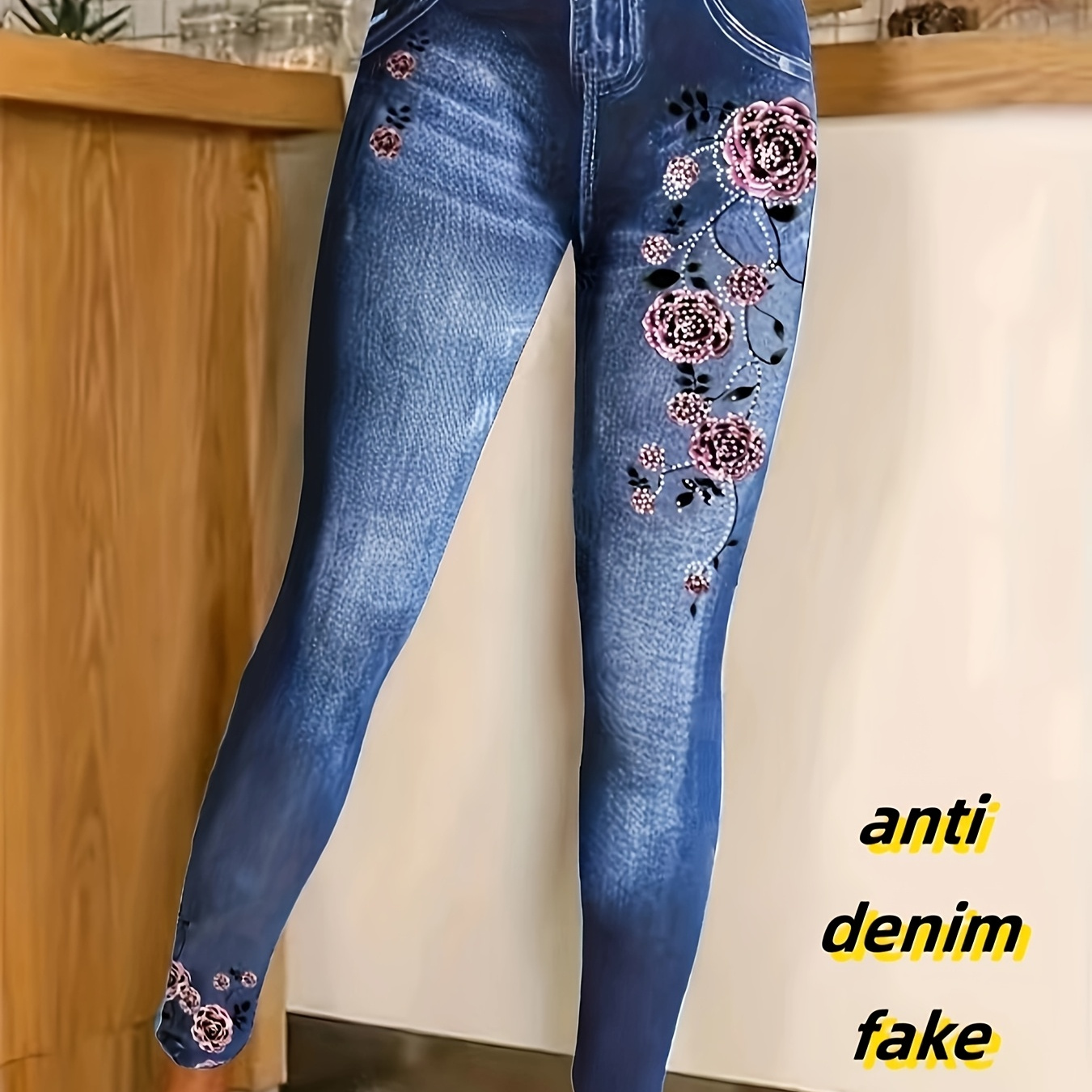 

Denim Floral Print Skinny Leggings, Casual High Waist Stretchy Leggings, Women's Clothing