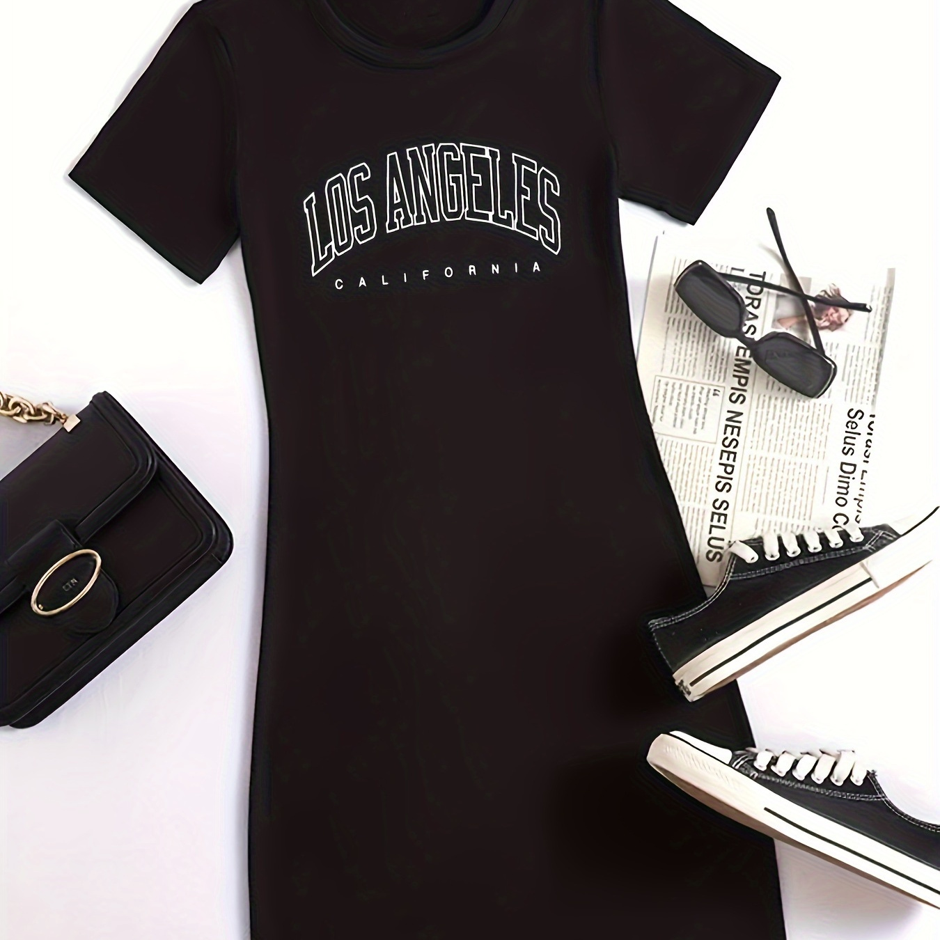 

Letter Print Tee Dress, Casual Crew Neck Short Sleeve Dress, Women's Clothing