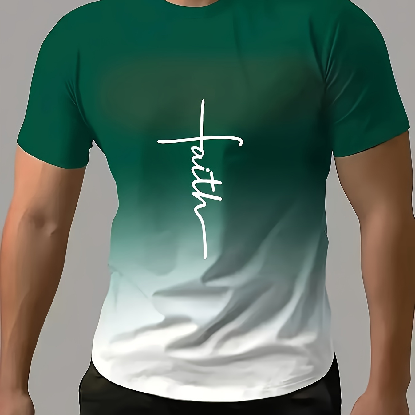 

faith" Print Gradient T-shirt For Men, Crew Neck Tee, Casual Short Sleeve Top, Men's Clothing For Summer Daily Wear