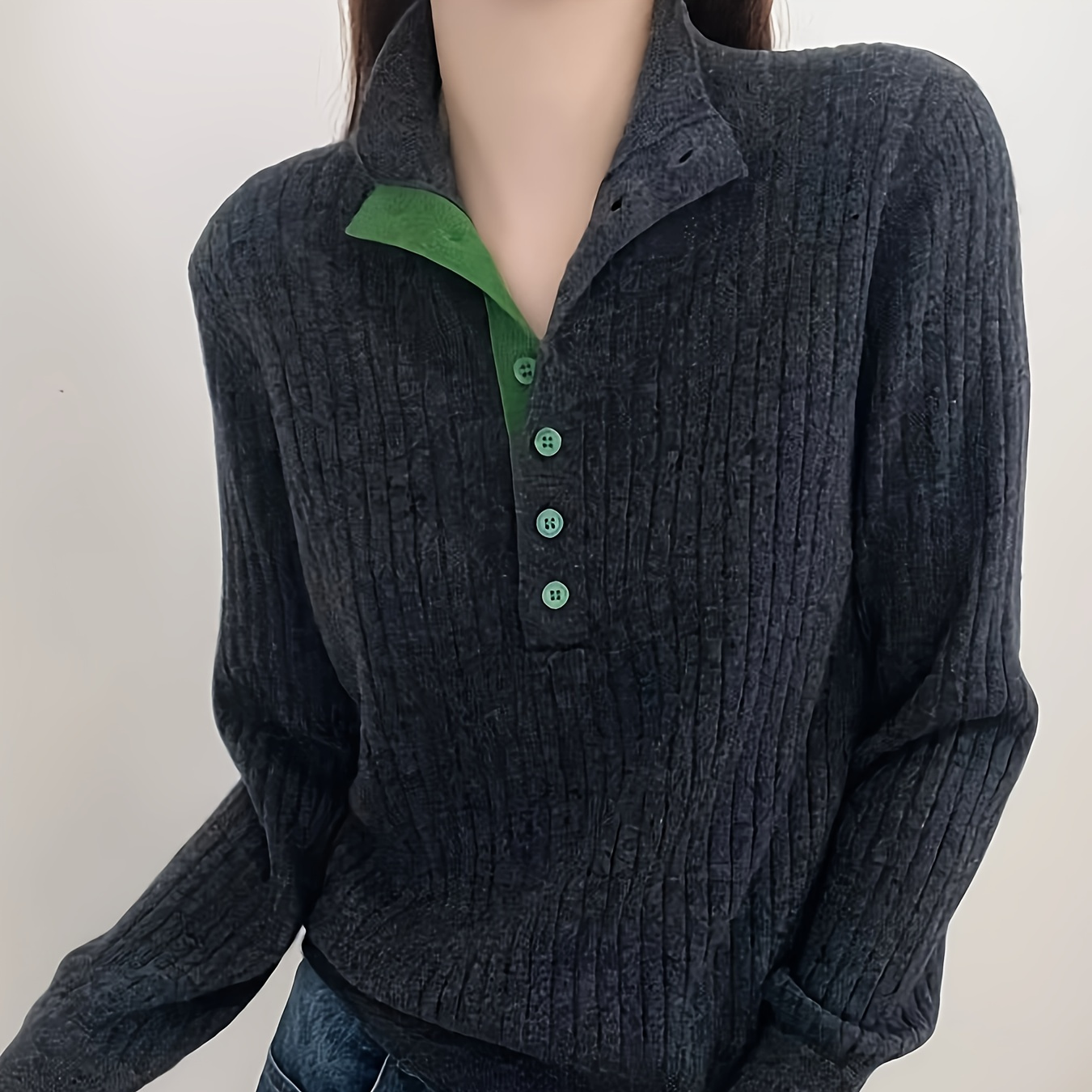 

Women's Chic Knit Sweater, Viscose 50.00%, Polyester 28.00%, Polyamide 22.00%, Lapel Collar, Fall/winter Casual Pullover With Ribbed Detail