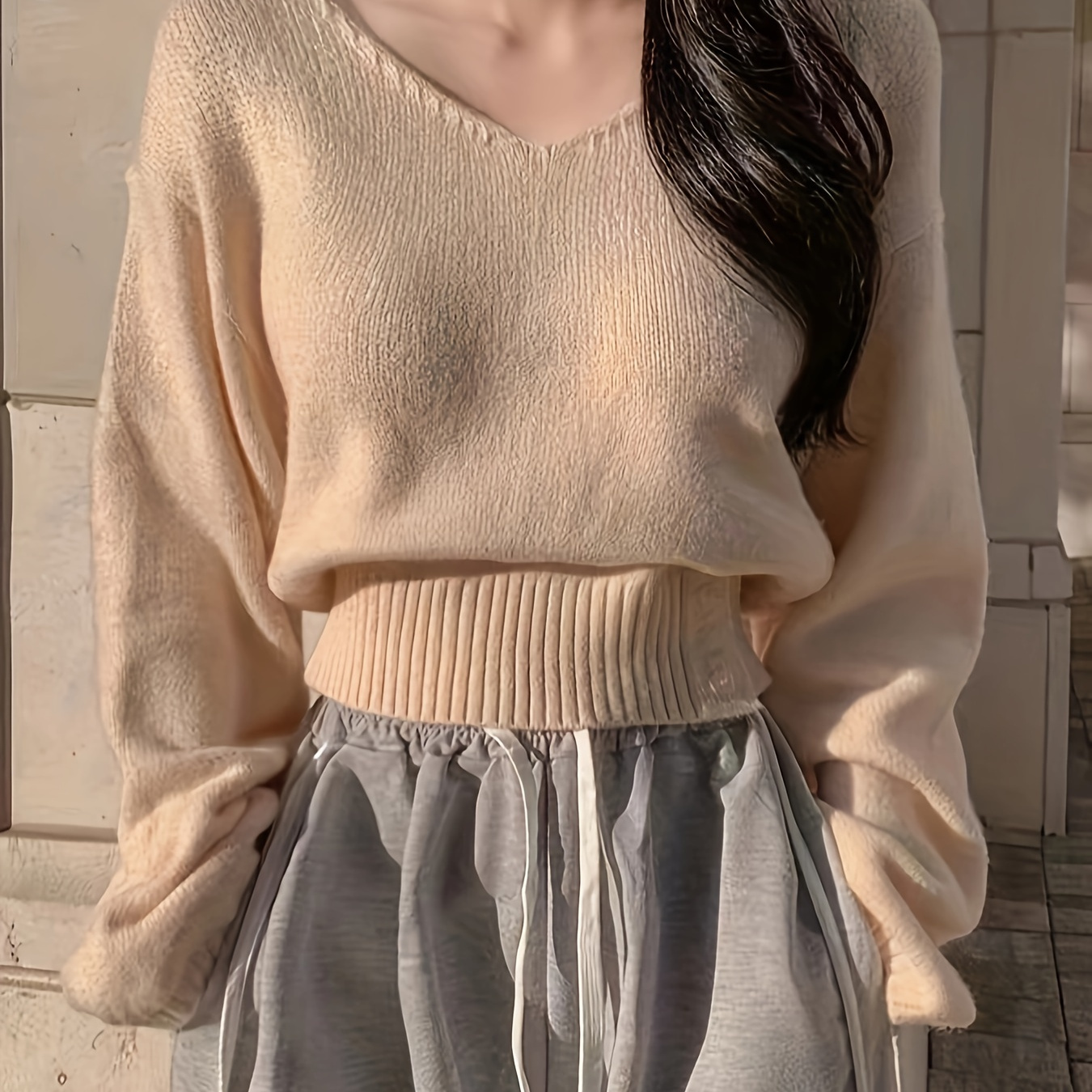 

Knit - Solid Color V-neck Knitted Top For Women For Autumn And Winter