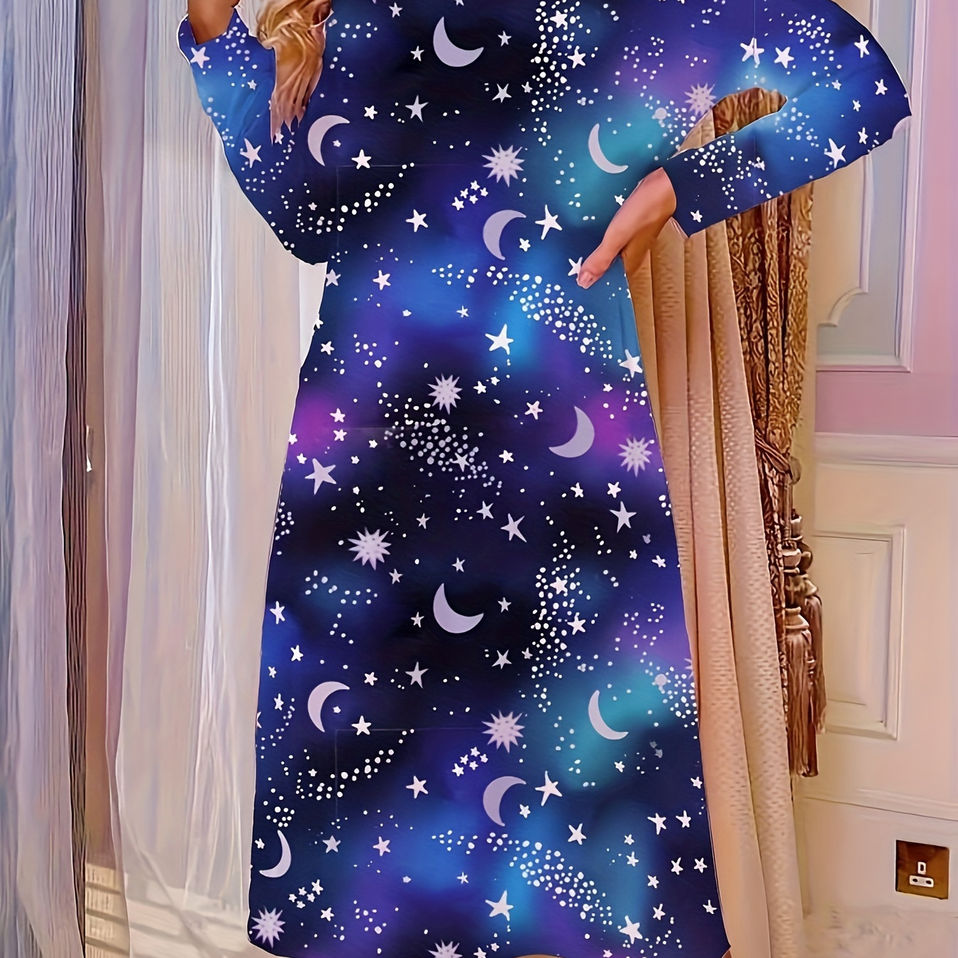 

Cozy Starry Night Long Sleeve Sleep Dress For Women - Stretchy Polyester , Machine Washable, Fall/winter