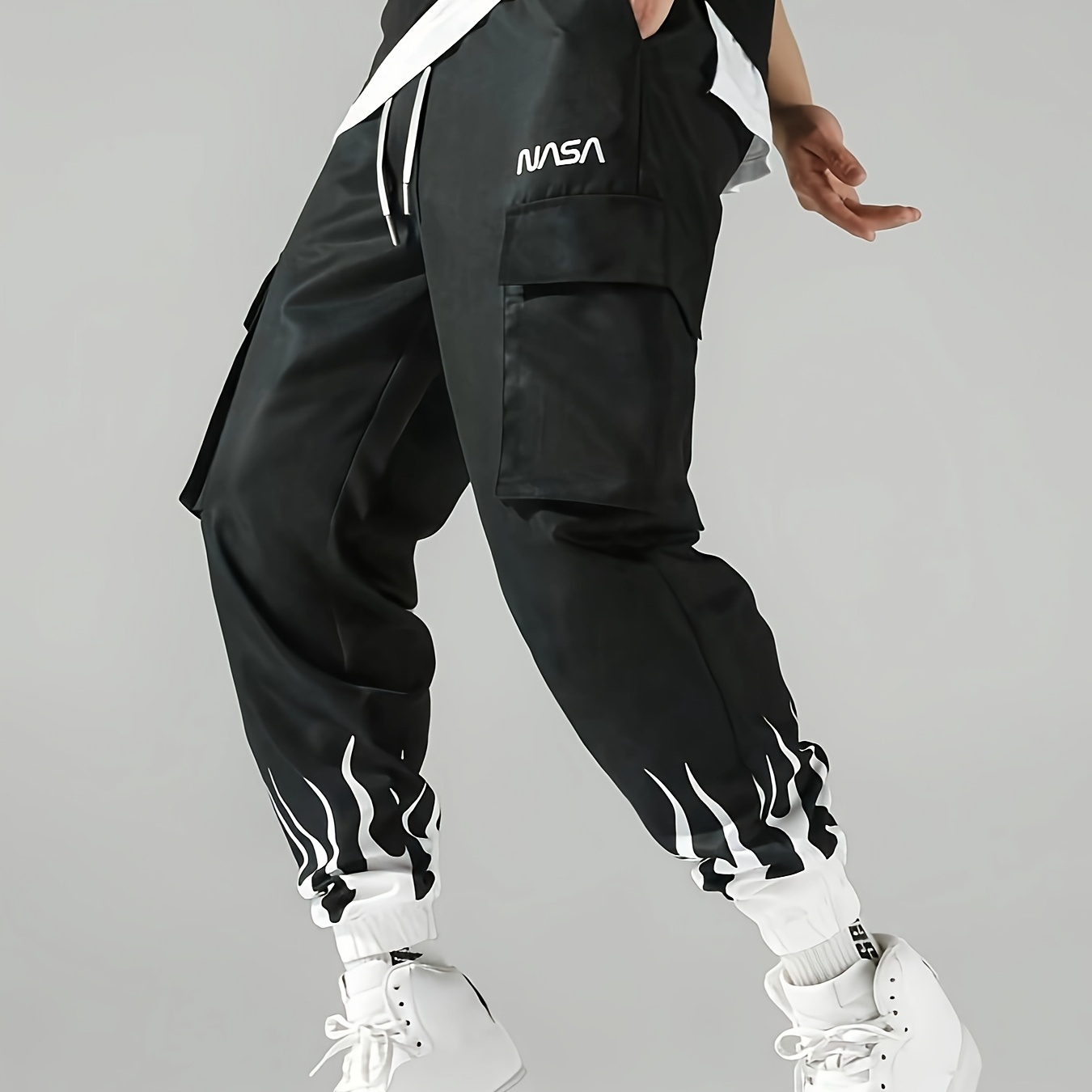 

Men's Color Blocking Flame Pattern Jogger Cargo Pants With Drawstrings, Casual Stylish Trousers As Gift