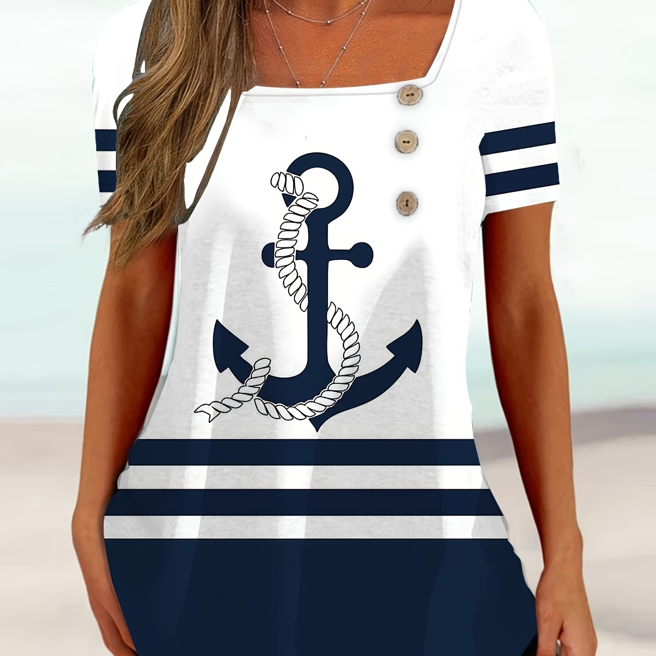 

Plus Size Anchor Print T-shirt, Casual Button Detail Short Sleeve Square Neck Top For Spring & Summer, Women's Plus Size Clothing