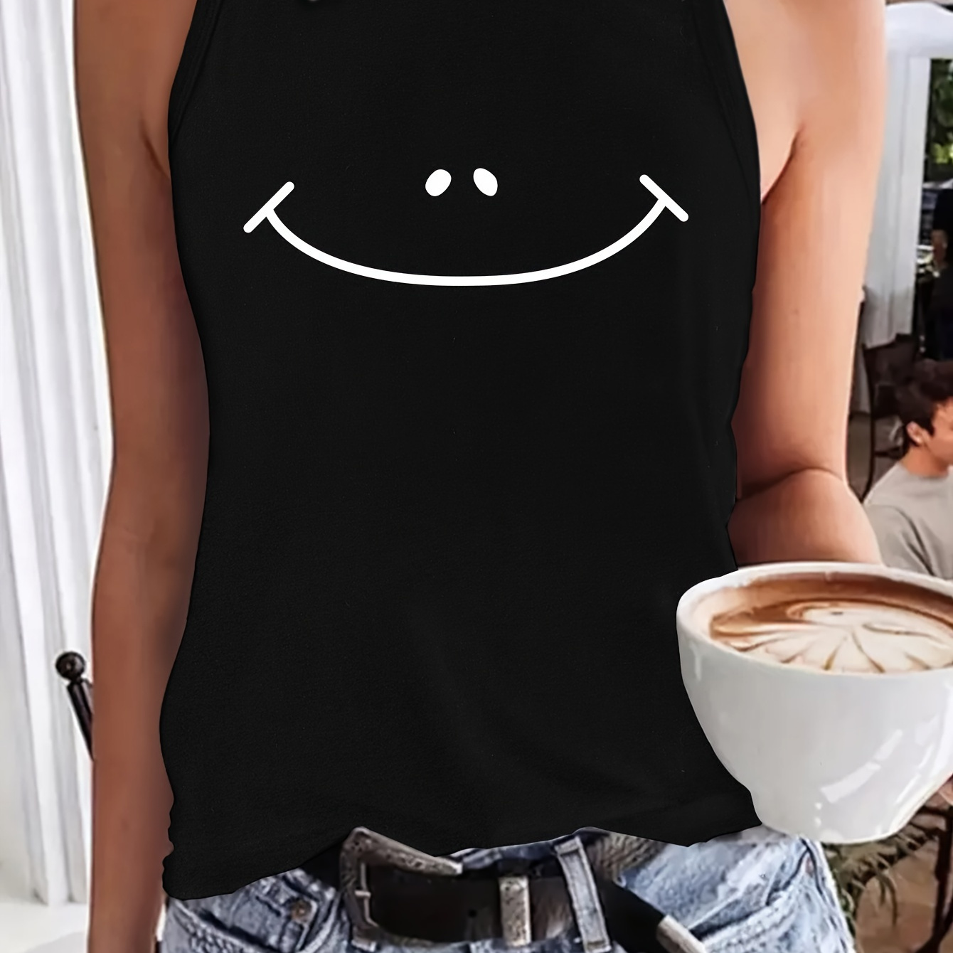 

Smile Print Crew Neck Tank Top, Casual Sleeveless Top For Summer, Women's Clothing