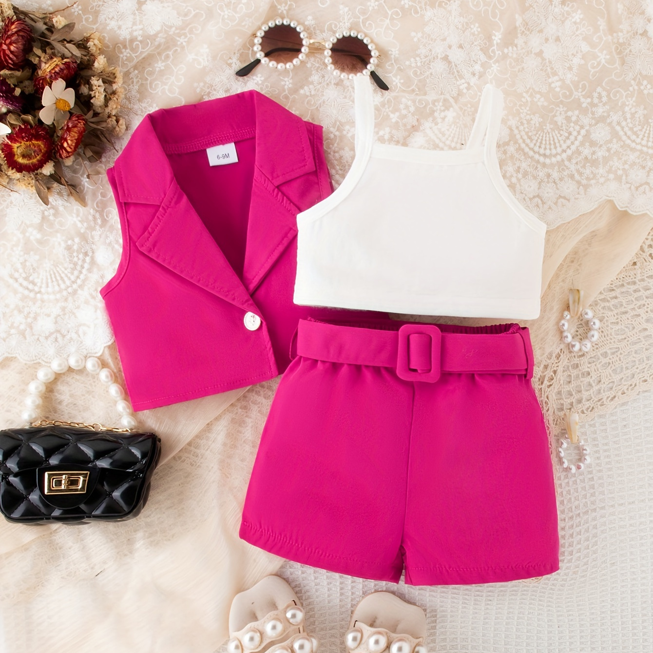 

Baby's Trendy 3pcs Color Clash Summer Outfit, Lapel Vest & Cami Top & Belted Shorts Set, Toddler & Infant Girl's Clothes For Daily/holiday, As Gift