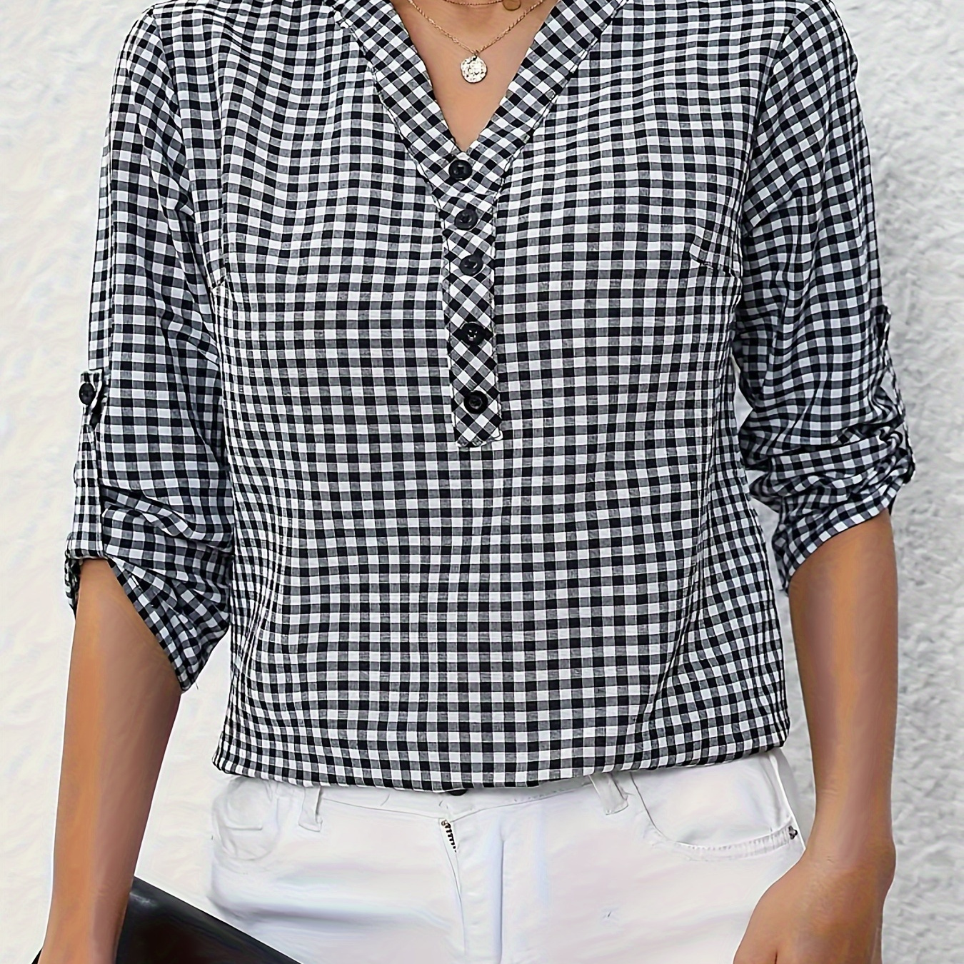 

Size Blouse For Women - V-neck, Long Sleeve, Button Detail, Non-stretch Polyester - Spring/fall