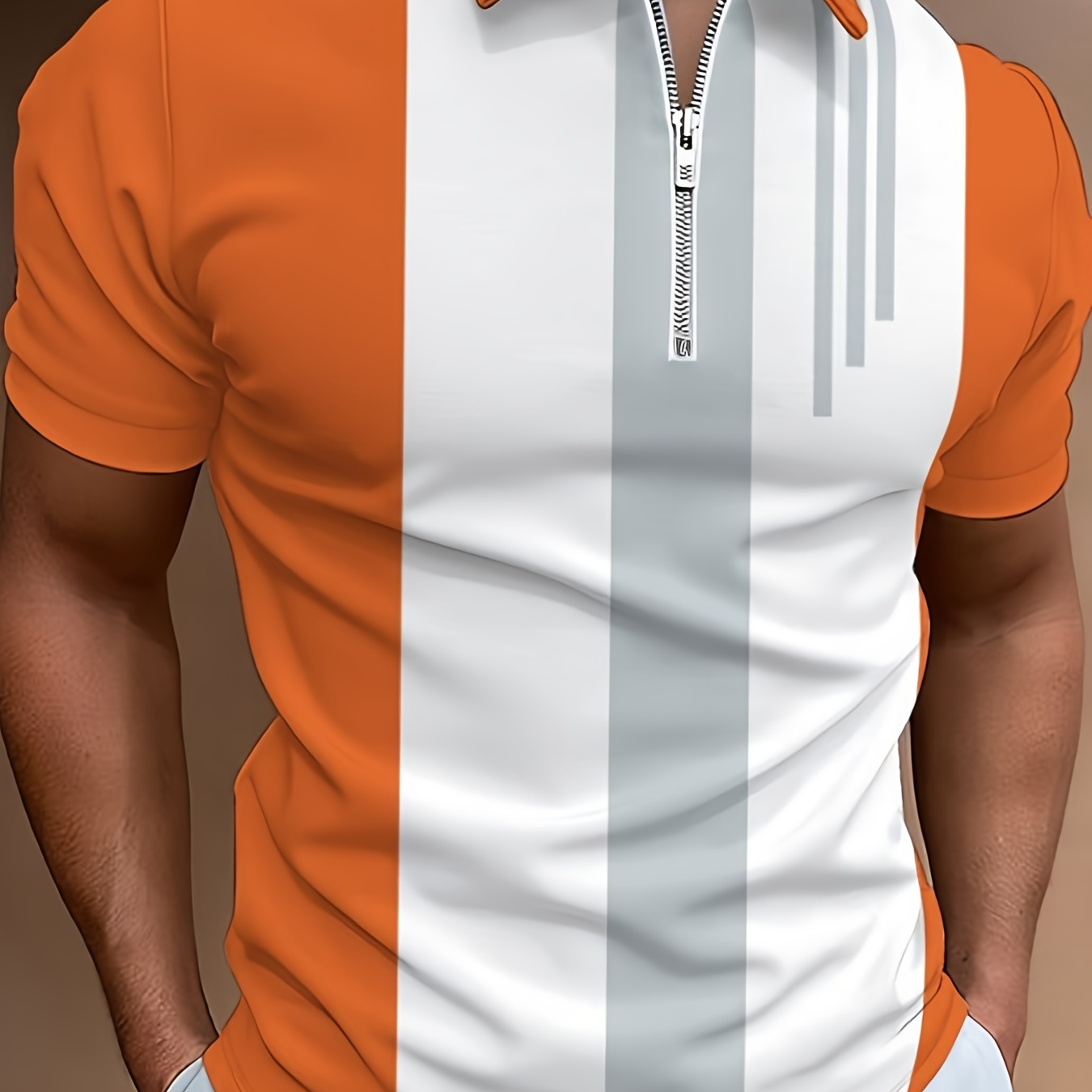

Men's Trendy 3d Color Block Stripe Print Short Sleeve Zip Up Lapel Shirt For Summer Daily, Stylish Zipper Collar Design T-shirt