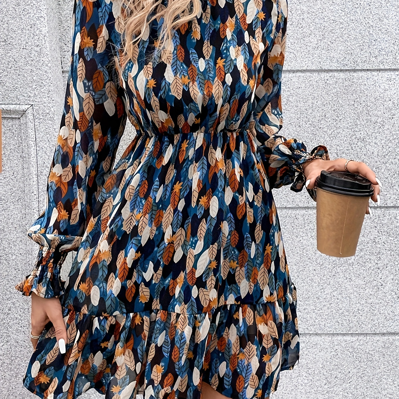 

Leaf Print Mock Neck A-line Dress, Elegant Long Sleeve Cinched Waist Ruffle Hem Dress For Spring & Fall, Women's Clothing