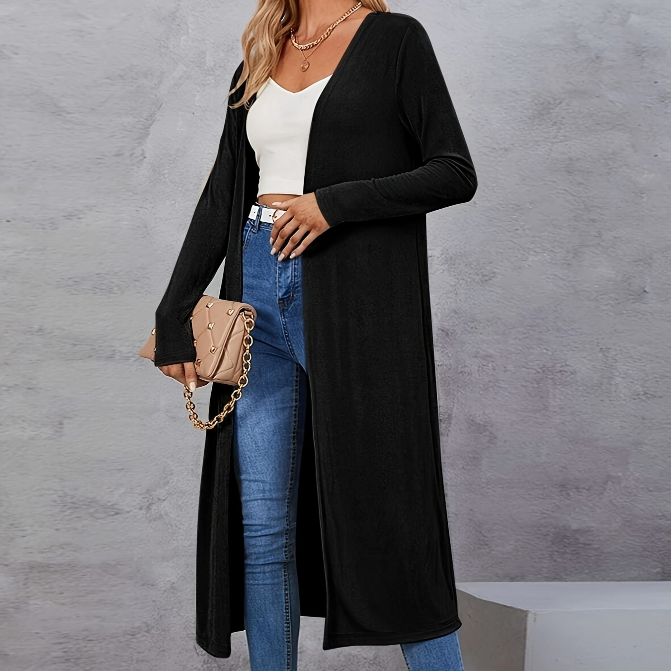 

Solid Color Open Front Duster Jacket, Casual Long Sleeve Longline Cardigan Jacket For Fall & Spring, Women's Clothing