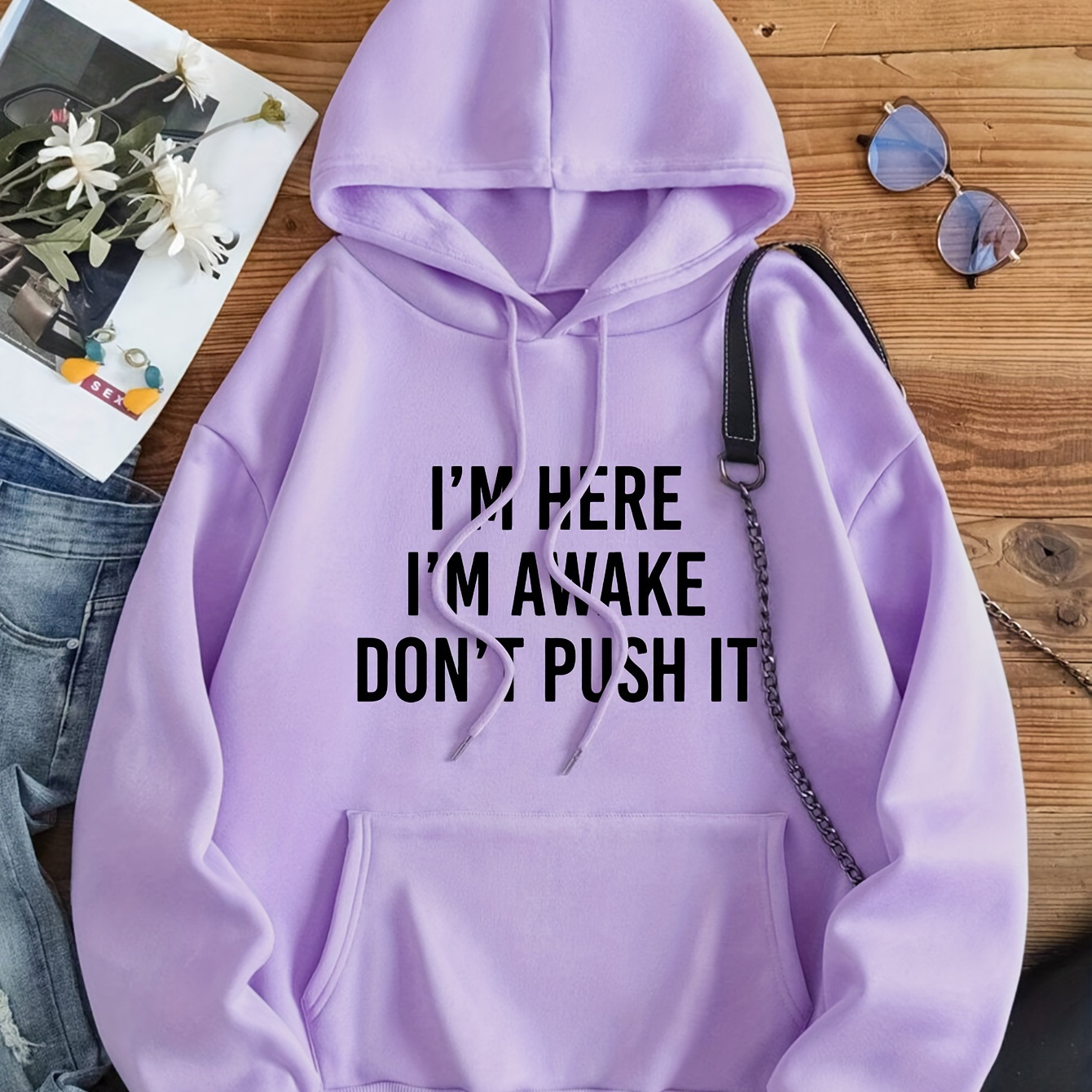 

Women's Casual Purple Hoodie With " I'm Don't " Print - Long Sleeve, Drawstring, Kangaroo Pocket, Polyester, Machine Washable