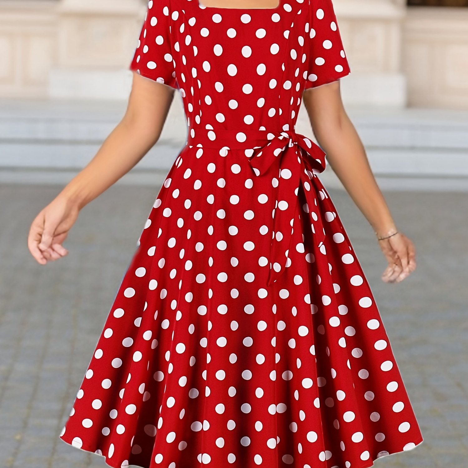 

Polka Dot Print Square Neck Dress, Elegant Short Sleeve Belted Dress For Spring & Summer, Women's Clothing