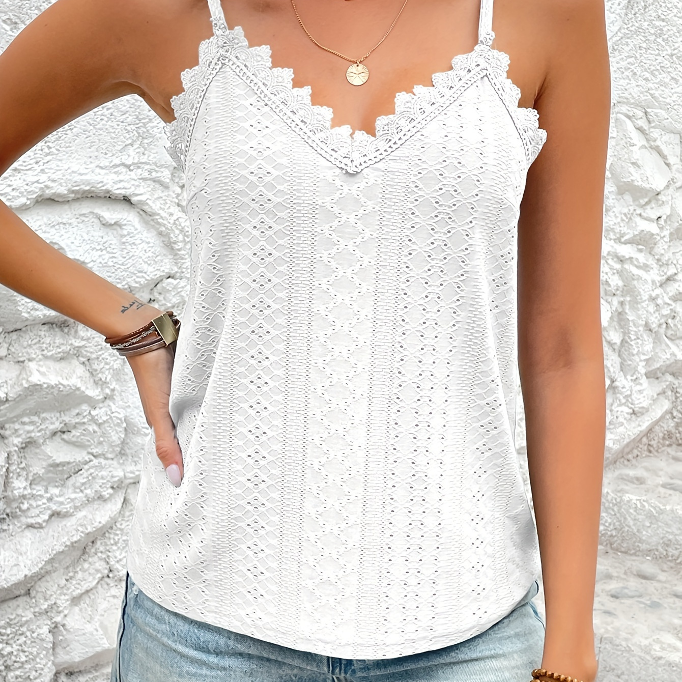 

Eyelet Contrast Lace Cami Top, Casual V-neck Spaghetti Strap Top For Summer, Women's Clothing For Coquette/cute/y2k Style
