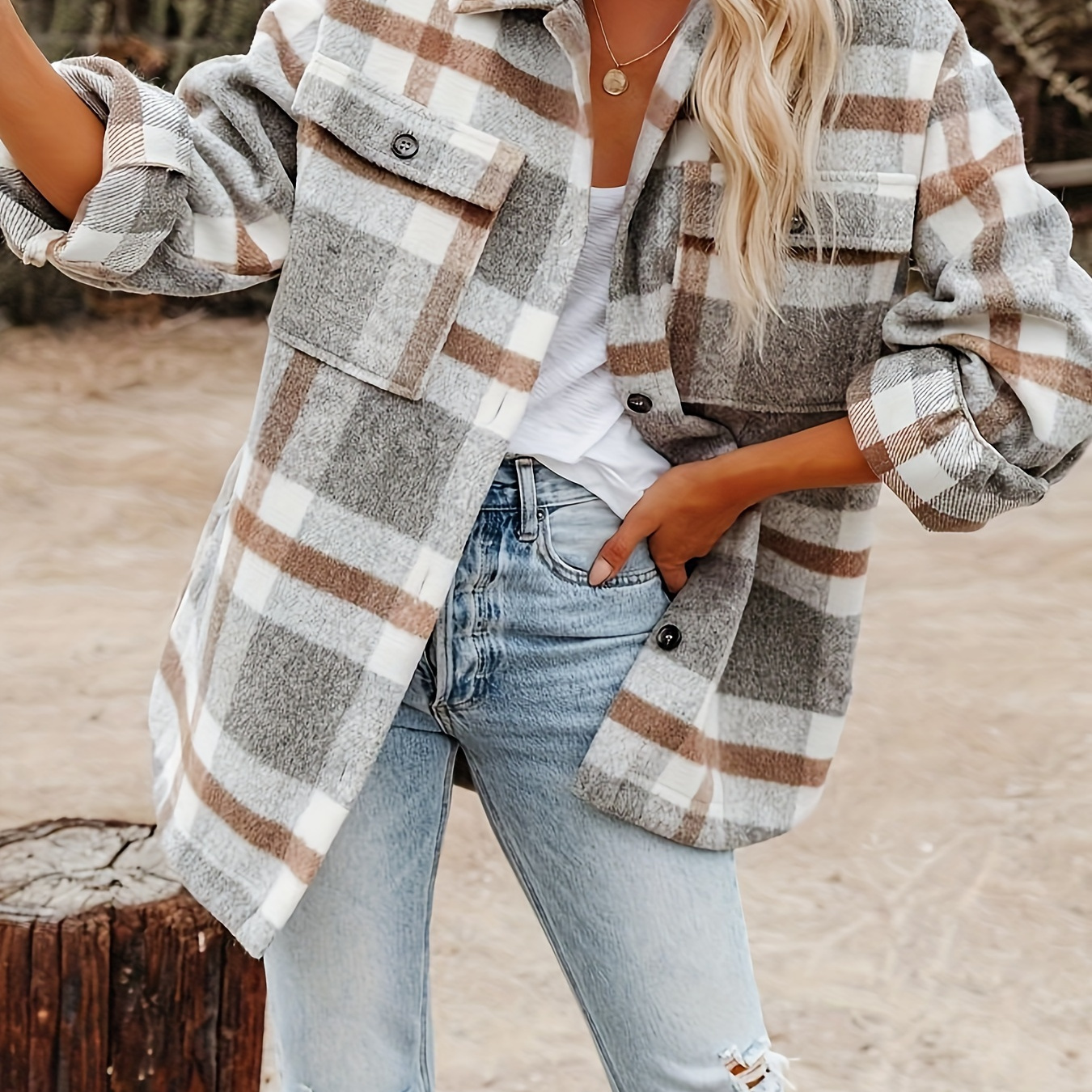 

Plaid Print Button Front Jacket, Casual Lapel Neck Flap Pockets Long Sleeve Jacket For Winter & Fall, Women's Clothing