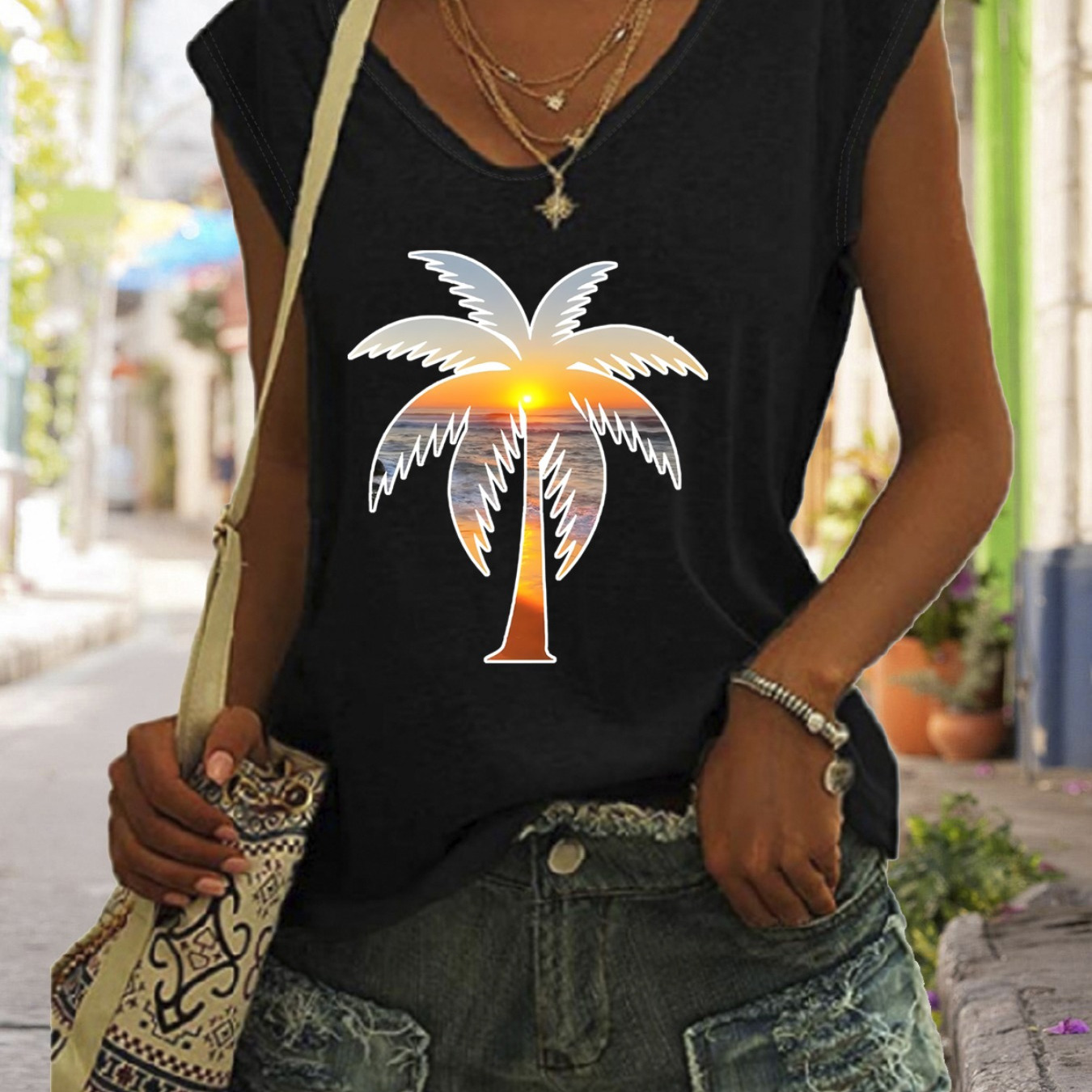 

Coconut Tree Print Tank Top, Cap Sleeve Casual Top For Summer & Spring, Women's Clothing