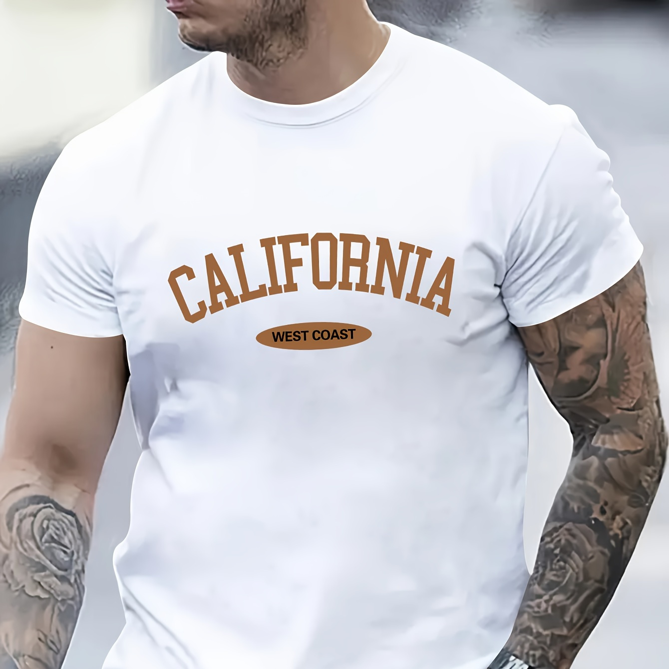 

California Letter Print, Men's Round Neck Short Sleeve T-shirt, Casual Comfy Lightweight Top For Summer