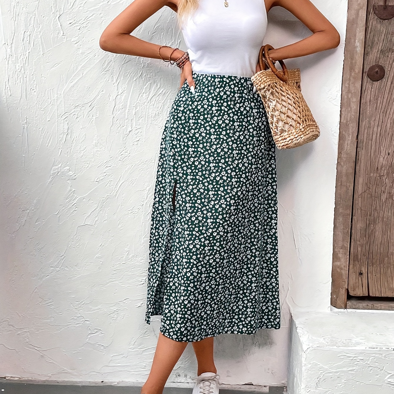 

Elegant Two-piece Skirt Set, Solid Crew Neck Tank Top & Split Midi Skirt Outfits, Women's Clothing