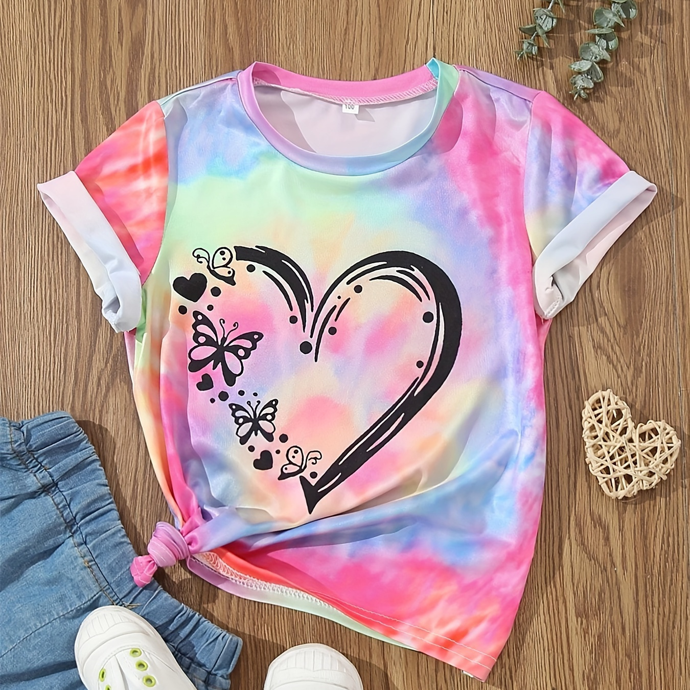

Tie Dye Heart Print Crew Neck Short Sleeve T-shirt For Girls Summer