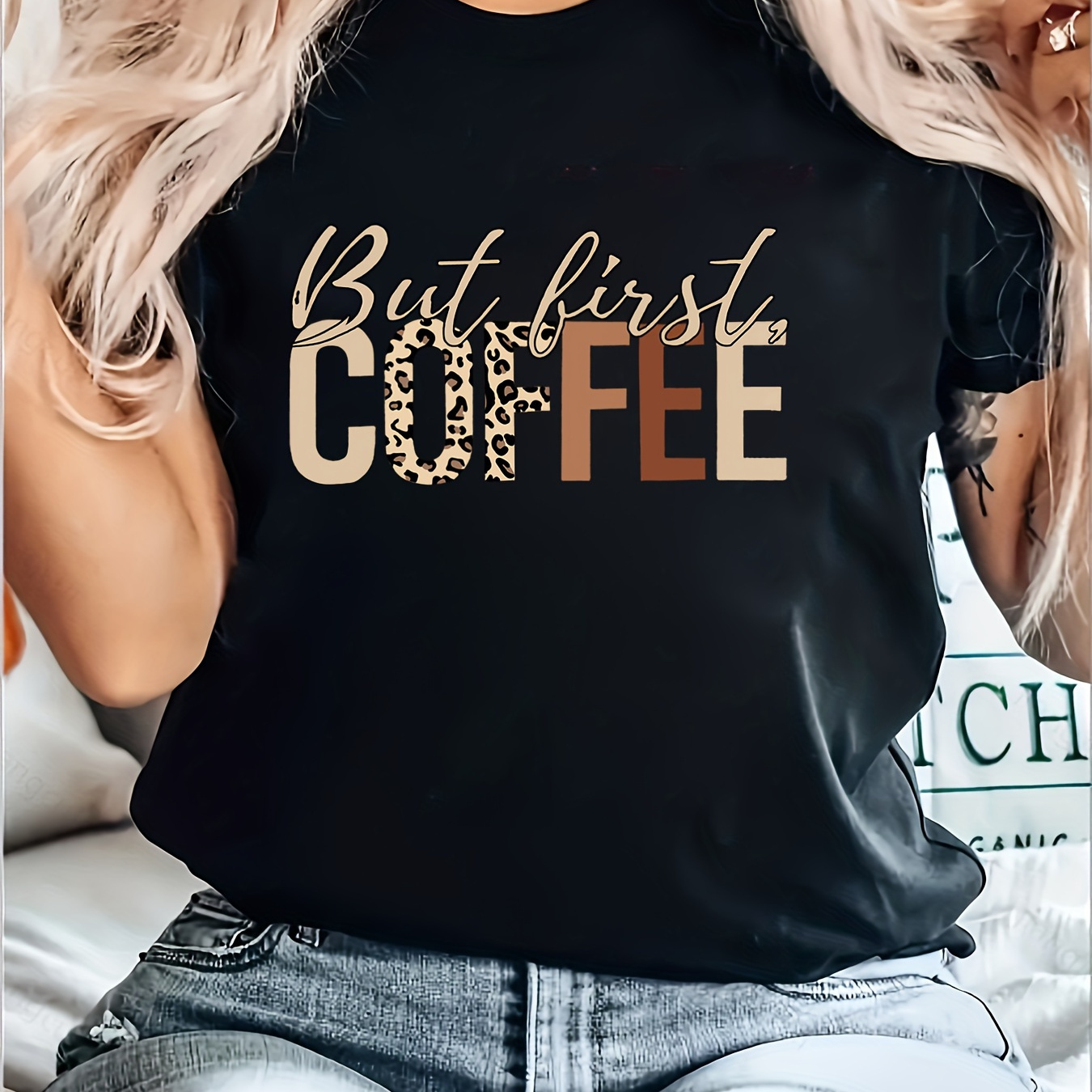 

Women's Short Sleeve Round Neck Fashion T-shirt With " Coffee" Slogan, Casual Comfy Top For Outdoor , Sportswear Tee With Lettering Design