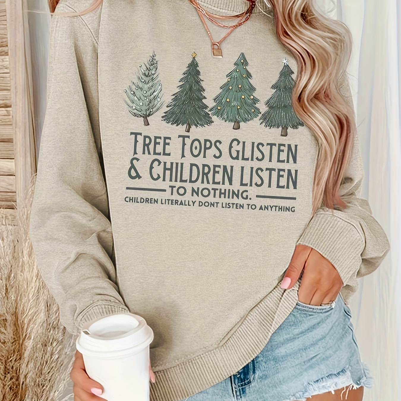 

Christmas Tree & Letter Print Loose Sweatshirt, Casual Long Sleeve Crew Neck Sweatshirt, Women's Clothing