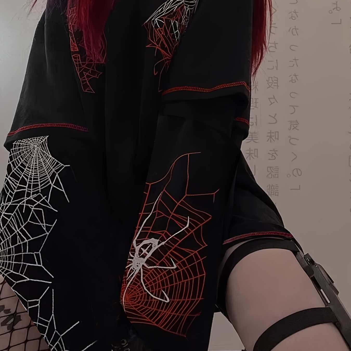 

Y2k Spider Web Pattern Autumn And Winter Round Neck Long Sleeve Fake Two-piece T-shirt