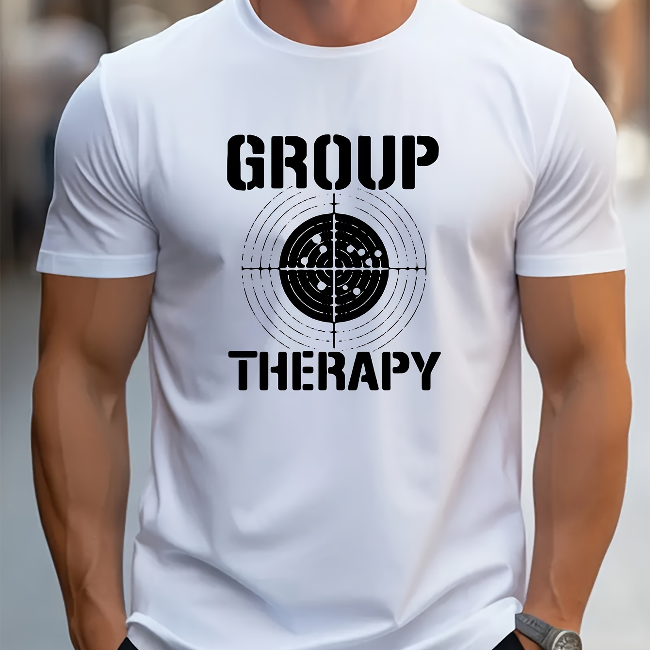 

Group Therapy Print Men's Short Sleeve T-shirts, Comfy Casual Elastic Crew Neck Tops For Men's Outdoor Activities